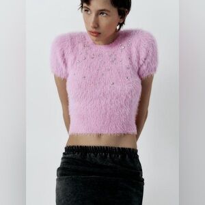 Zara fuzzy knit rhinestone top